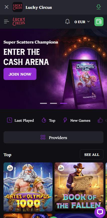 A mobile preview of Lucky Circus' theme and design